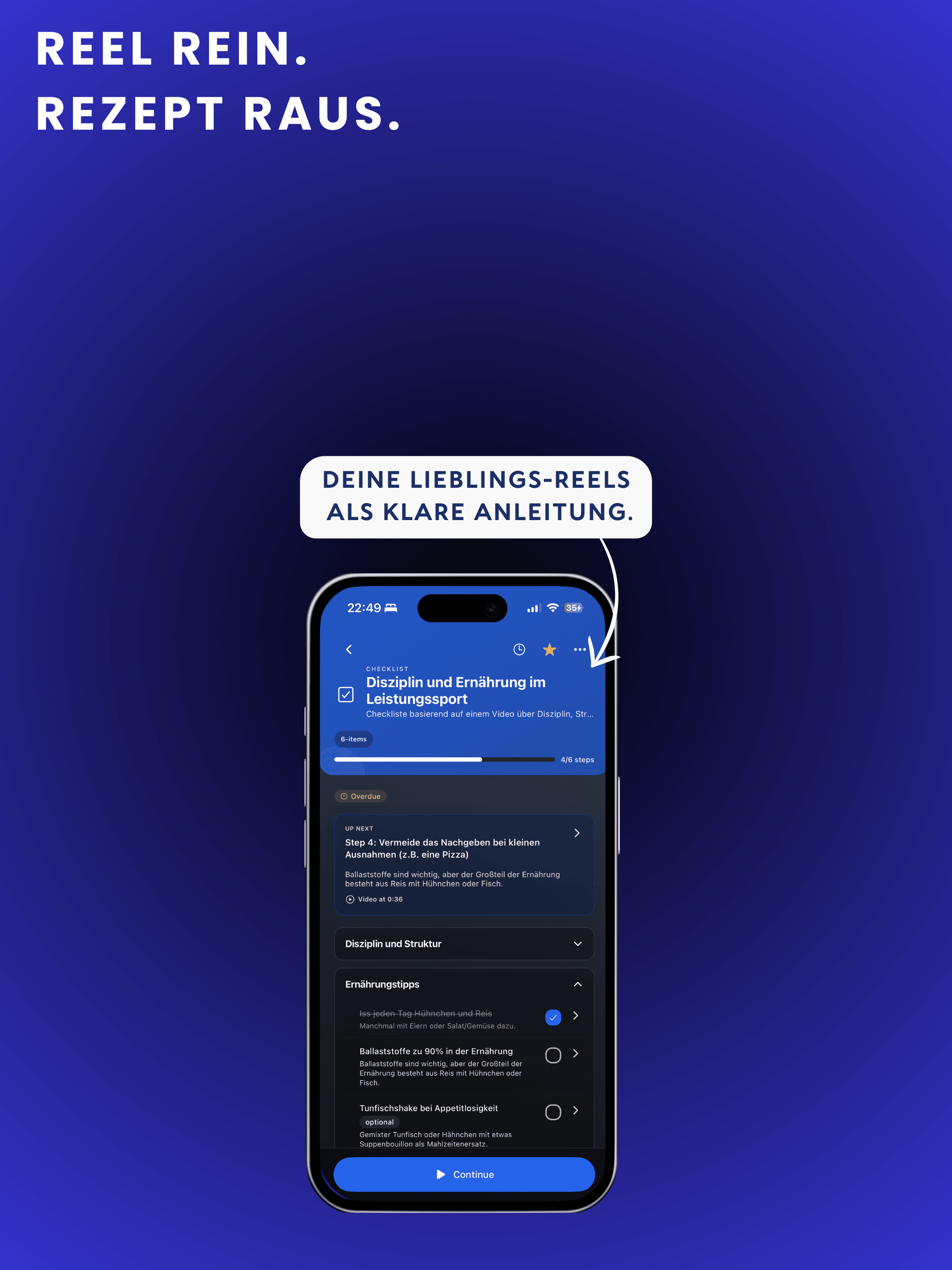 Reel2Plan Rezept-Checkliste auf dem iPhone, Schritt für Schritt