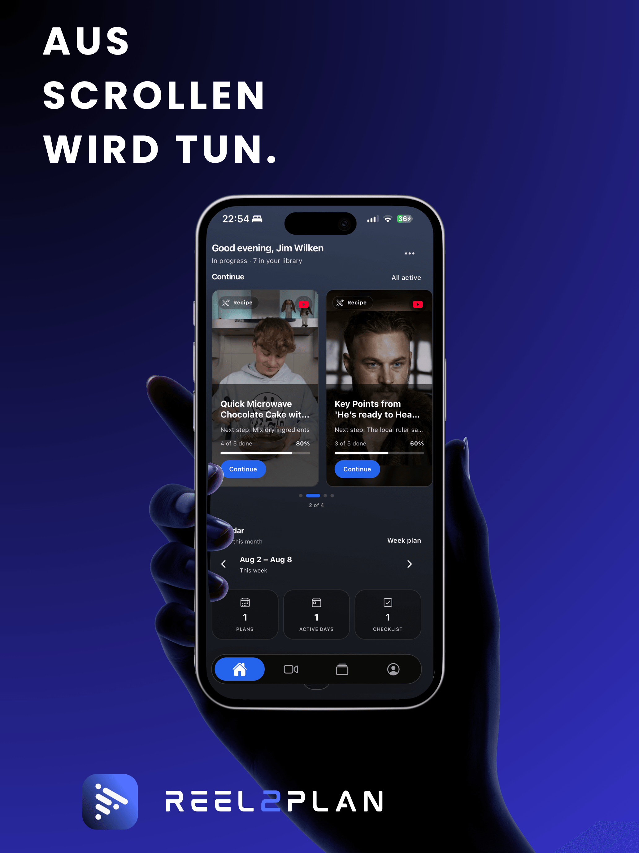 Reel2Plan Home auf dem iPhone, mit Plänen in Arbeit und Wochenübersicht