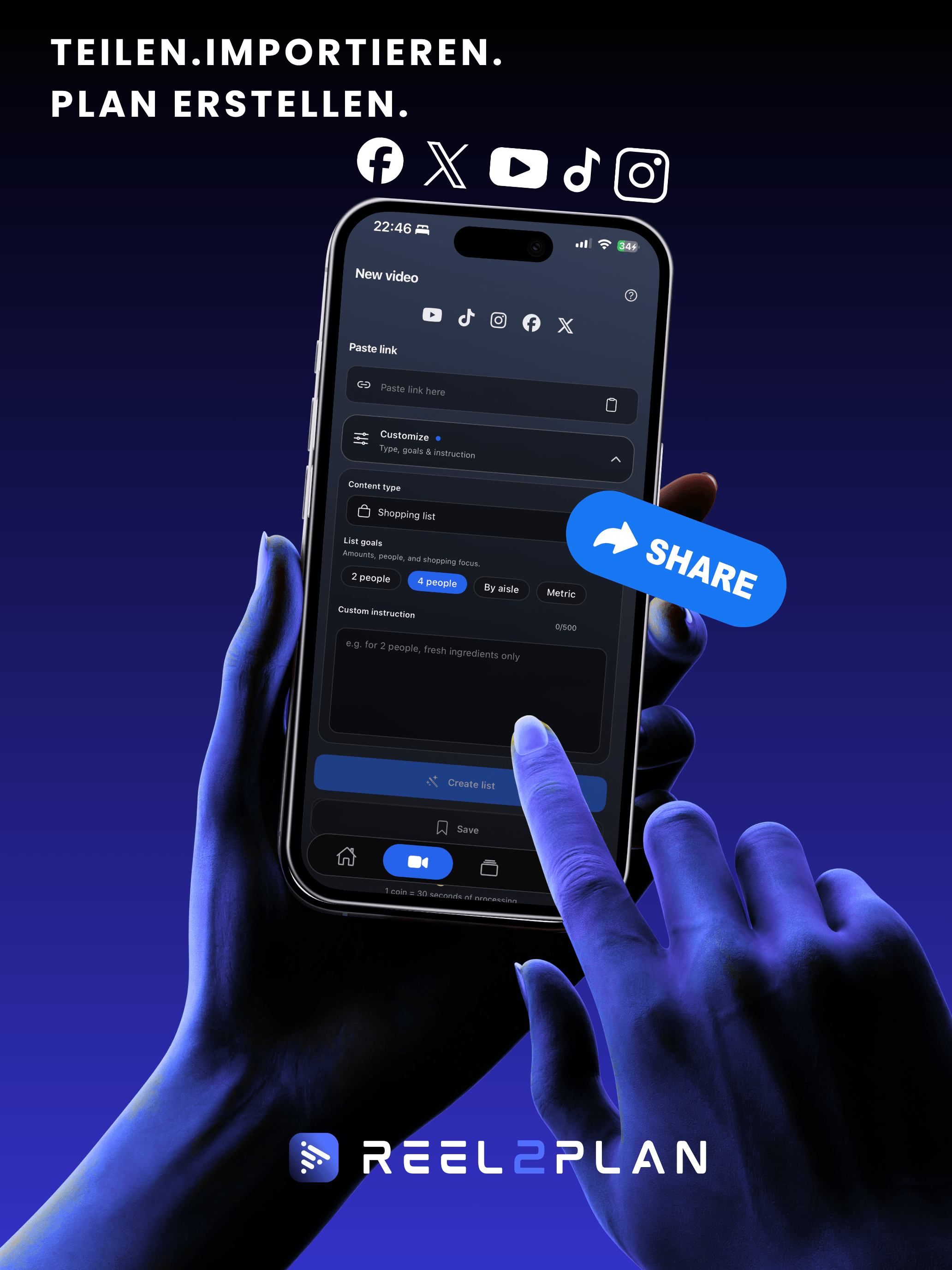 Reel2Plan Import auf dem iPhone: Link einfügen und Plan erstellen