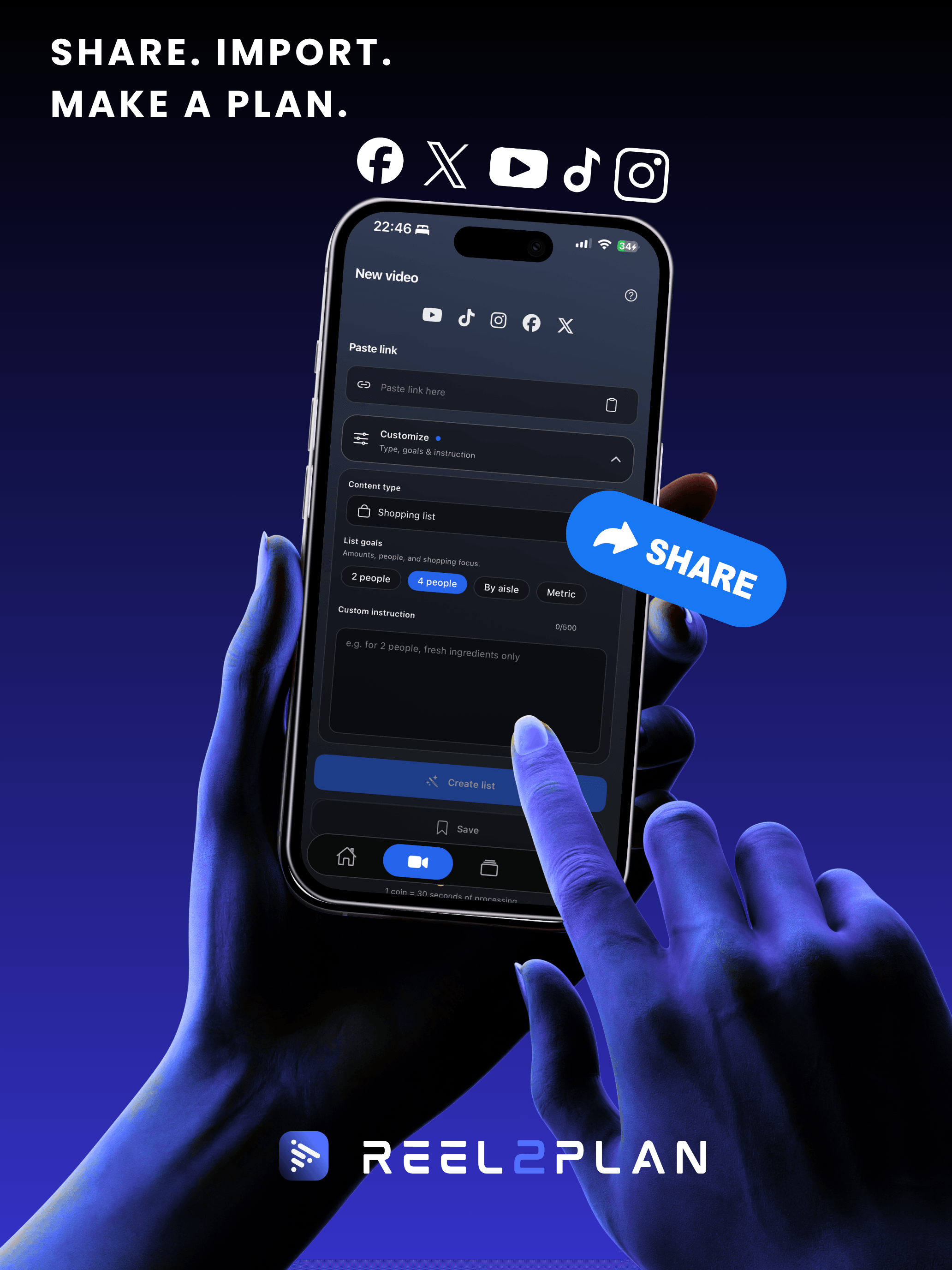 Reel2Plan import on iPhone: paste a link and create a plan
